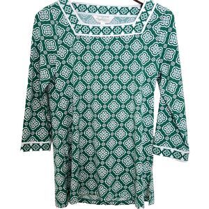 Magnolia Grace Womens Top S Geometric Green 3/4 Sleeve Popover Tunic Stretch